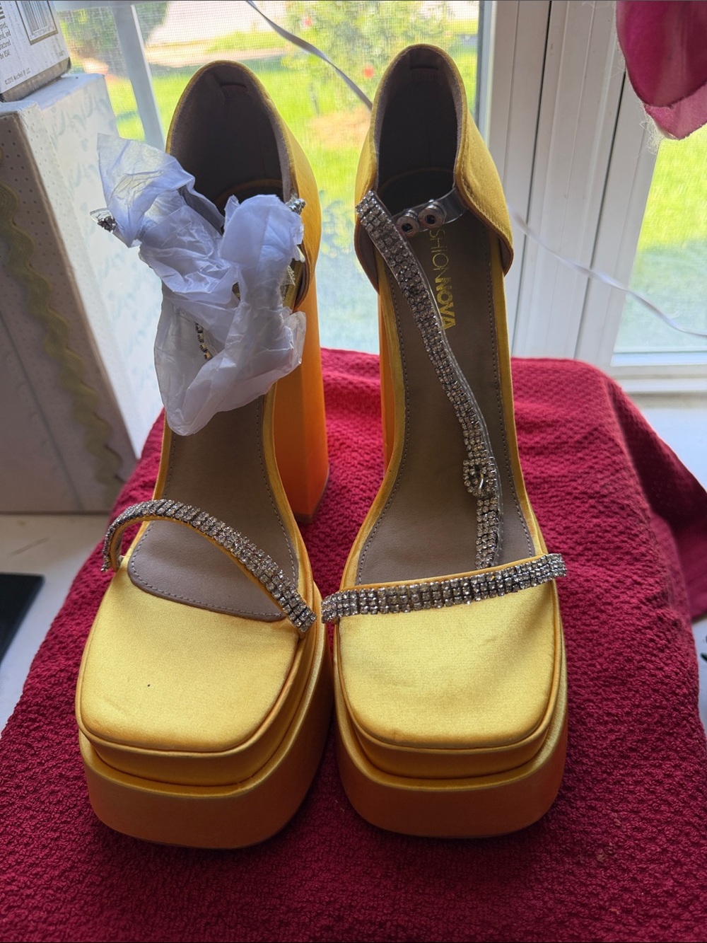 Show Me Your MuMu Yellow Satin Platform Sandals with Rhinestone Straps